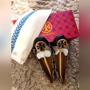 Authentic Tory Burch Minnie CAP Toe Ballet Snake Print/Leather Shoe